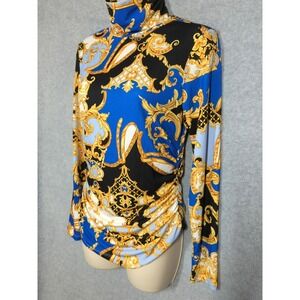 New Boston Proper Ruched Turtleneck Top S Status Print Mock Neck Easy Chic Class